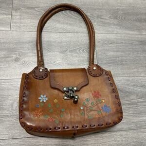 Vtg Hand Tooled Hand Painted Handbag Brown Leather Dble Shoulder Straps Bag